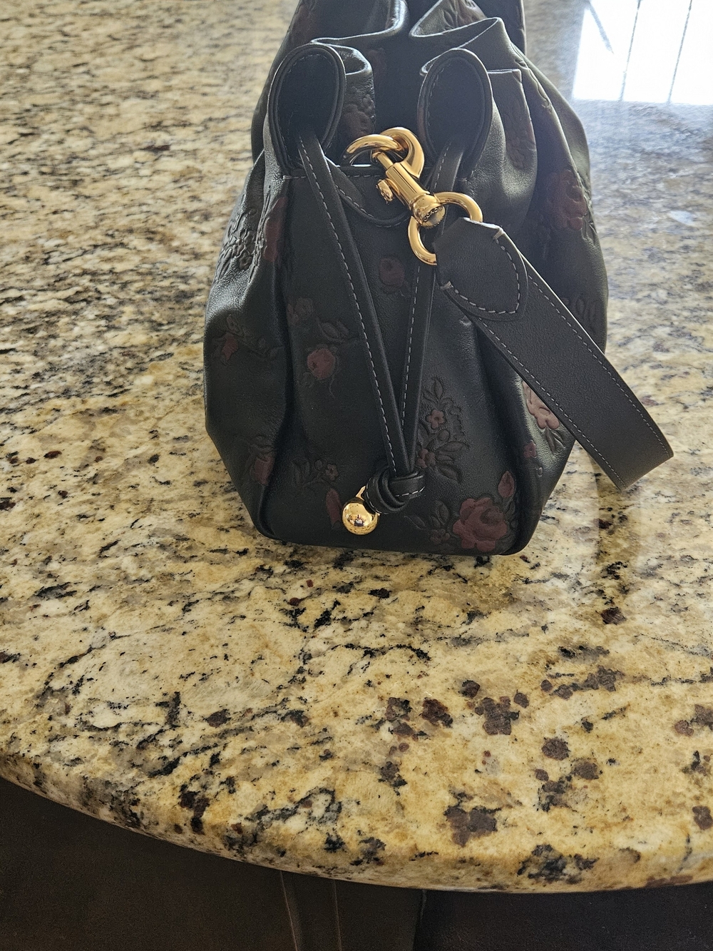 Coach Black Leather Shoulder Bag (Large) with Floral Embossing and Gold Chain - Picture 7 of 10
